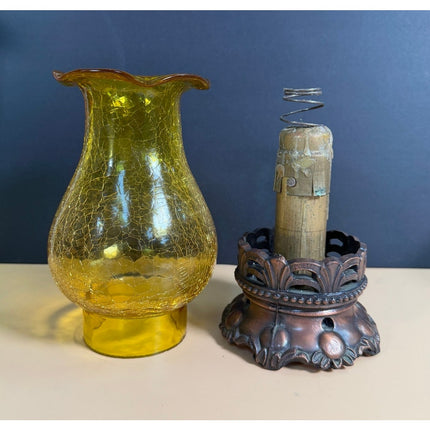 Vintage Crackle Glass Candle Lamp Yellow 9" Gold Painted Cast Base