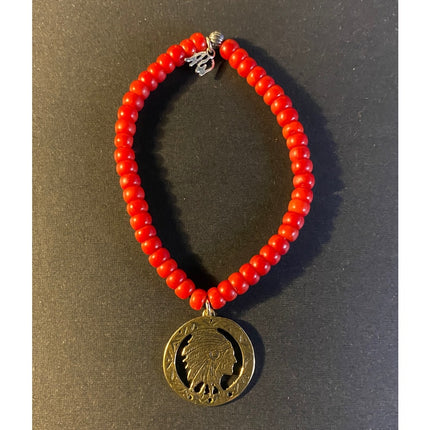 Carolyn Pollack Red Coral Beaded Stretch Bracelet w/ 925 Indian Head Charm