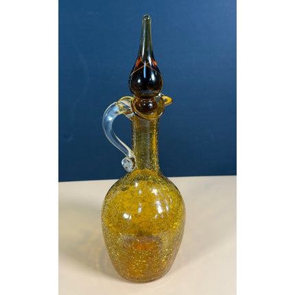 Yellow Crackle Glass Decanter with Stopper 9.5" Decorative Glass Bottle