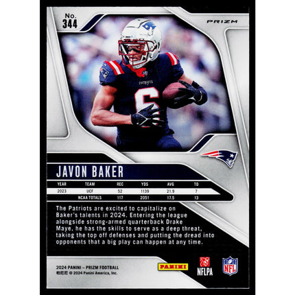 Javon Baker 2024 Panini Prizm Lazer #344 RC New England Patriots