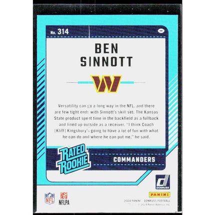 Ben Sinnott 2024 Donruss #314 Rookie RC Card Washington Commanders
