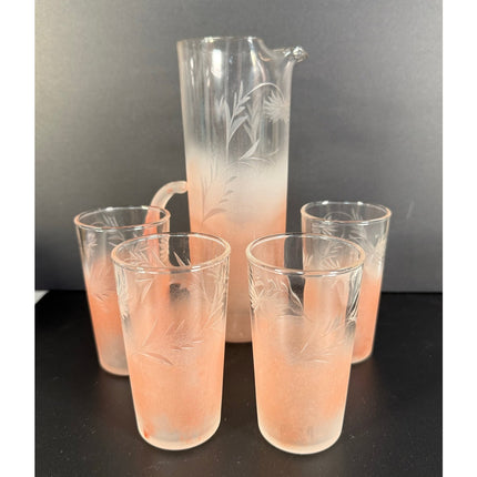 Vintage Hazel Atlas Pinkish Orange Floral Glass Pitcher & 4 Glasses Set