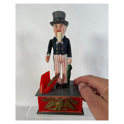 Vintage Uncle Sam  9" Plastic Mechanical Coin Bank Figure — Working!