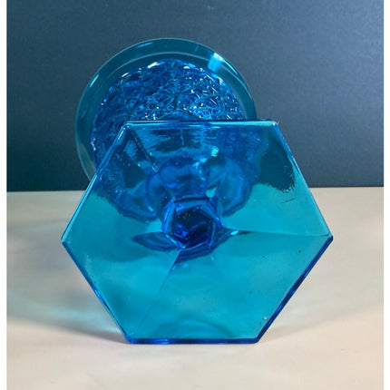 L.E. Smith Blue Daisy & Button Pedestal Candy Dish 8.5" Vintage Glass