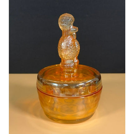 Jeanette Marigold Carnival Glass Poodle Dog Powder Trinket Dish 6" Vintage