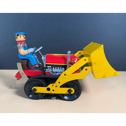 Wind-Up Tin Litho Bulldozer Tractor Front Loader with Key China OB 8"
