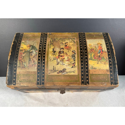 Child’s Humpback Trunk w/ Victorian Scenes – Early 1900s Antique Chest