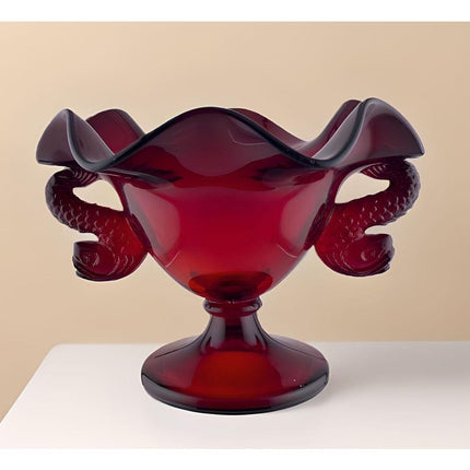 1920s Fenton Dolphin Double Handled Footed Ruby Vase HTG 4.5"
