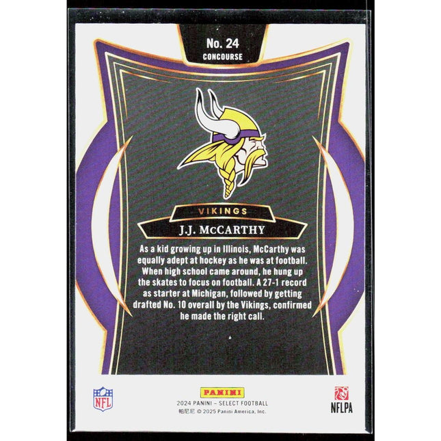 J.J. McCarthy 2024 Panini Select #24 RC Minnesota Vikings