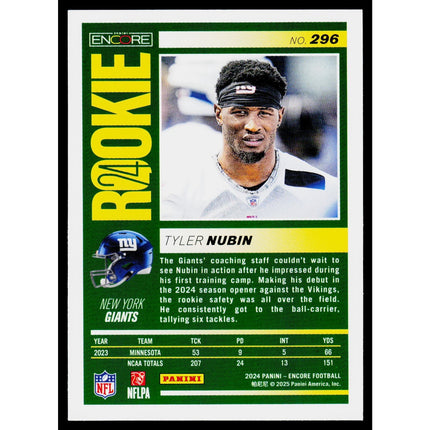 Tyler Nubin 2024 Panini Encore #296 RC New York Giants