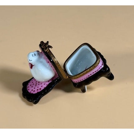 Limoges France Porcelain Cat Napping on Chair Figurine Hand Painted Trinket Box