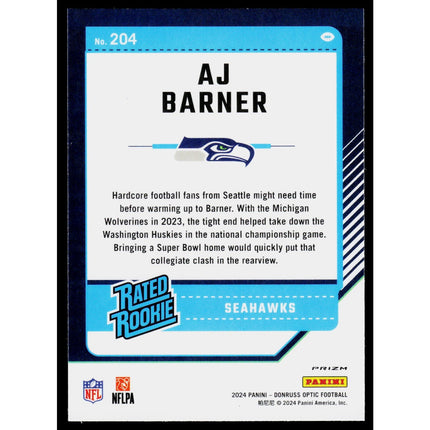 AJ Barner 2024 Donruss Optic Green Velocity #204 Seattle Seahawks