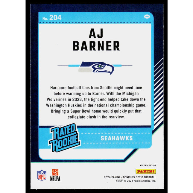 AJ Barner 2024 Donruss Optic Green Velocity #204 Seattle Seahawks