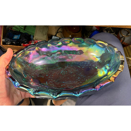 Indiana Glass Harvest Grape Carnival Glass Iridescent Footed Bowl 12" Vintage