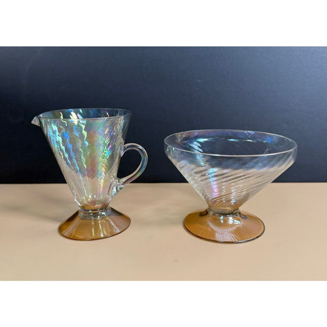 Carnival Glass Footed Pitcher and Bowl Vintage Iridescent Glass Serving Set