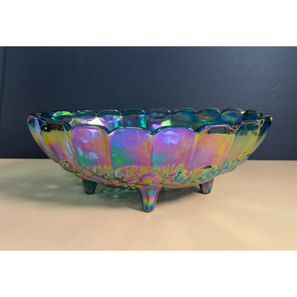 Indiana Glass Harvest Grape Carnival Glass Iridescent Footed Bowl 12" Vintage