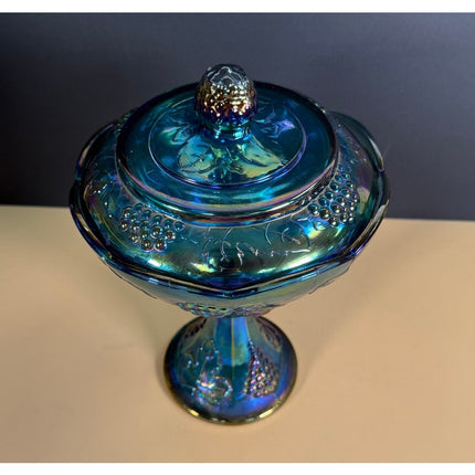 Indiana Carnival Glass Iridescent Harvest Grape 10" Footed Candy Dish