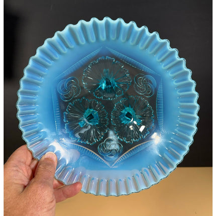 Antique Blue Opalescent Pretzel Footed Bowl Ruffled Rings Art Glass 9"