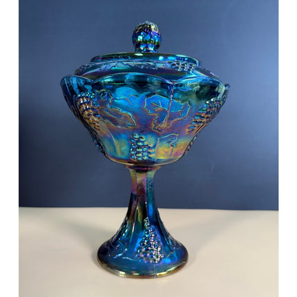 Indiana Carnival Glass Iridescent Harvest Grape 10" Footed Candy Dish