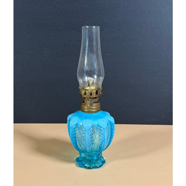 Vintage Blue Opalescent Ribbed Glass Oil Lamp 7 1/4" Tall with Chimney