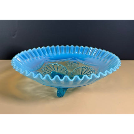 Antique Blue Opalescent Pretzel Footed Bowl Ruffled Rings Art Glass 9"