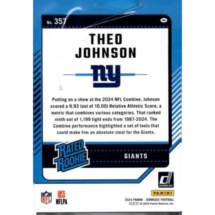 Theo Johnson 2024 Donruss #357 RC New York Giants