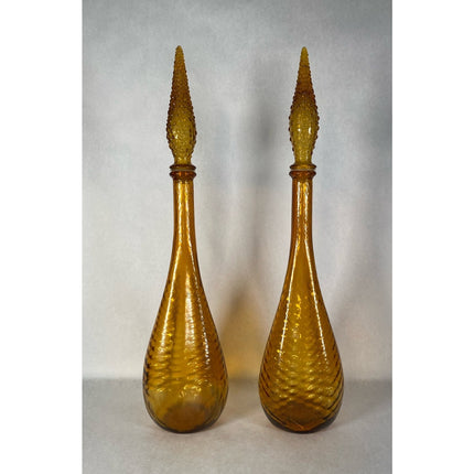MCM Empoli Amber Glass Genie Decanters w/ Stoppers Italy 22.5" Tall