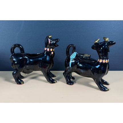Vintage Redware Cow Creamer & Sugar Set Hand Painted Pottery