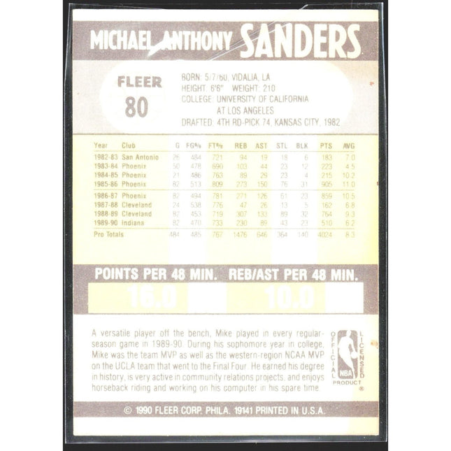 Mike Sanders 1990-91 Fleer #80 Indiana Pacers