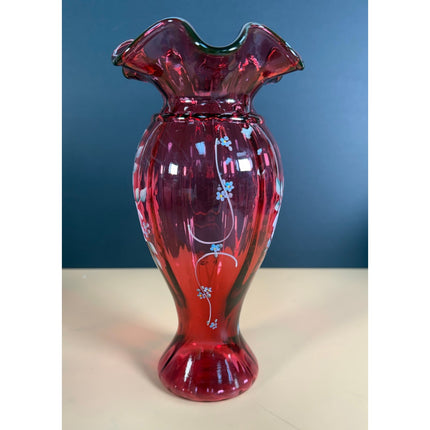 Fenton Cranberry Glass Vase Hand Painted Floral Ruffled Rim Signed C.R. Kelley