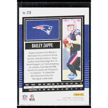 Bailey Zappe 2022 Score #310 RC New England Patriots