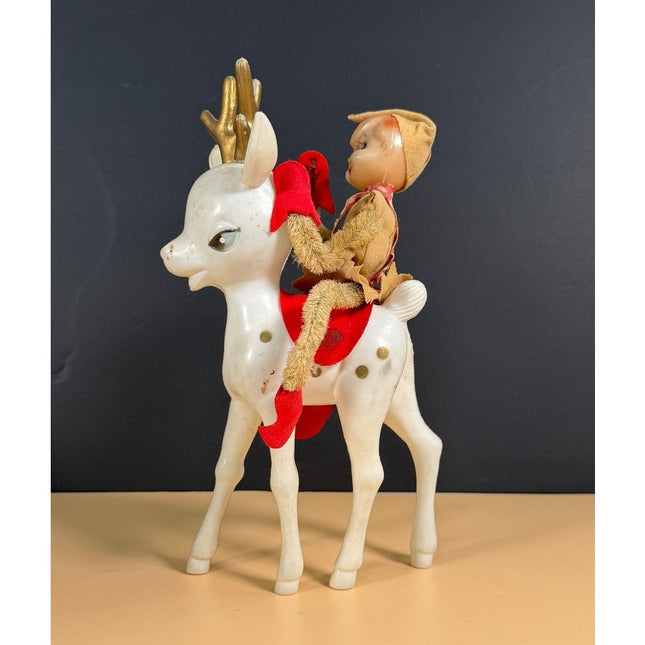 Vintage Hong Kong Plastic Reindeer with Knee Hugger Elf Christmas Decoration