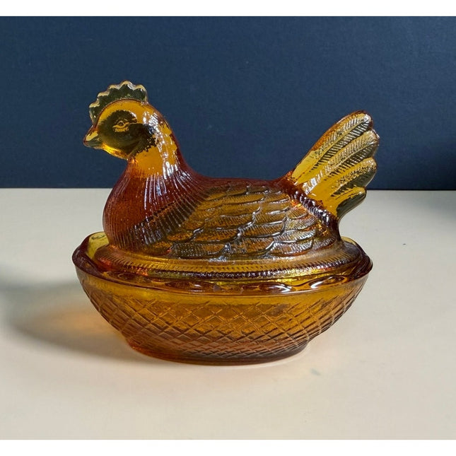 Amberina Glass Chicken on Nest Covered Dish 3.5" Collectible Glass