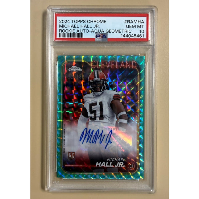 2024 Topps Chrome Rookie Auto Aqua Geometric Michael Hall Jr. #RAMHA /122 PSA 10