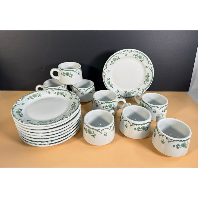 Shenango China Chardon Rose Green Rim Restaurant Ware Plates & Mugs 17 Pc Set