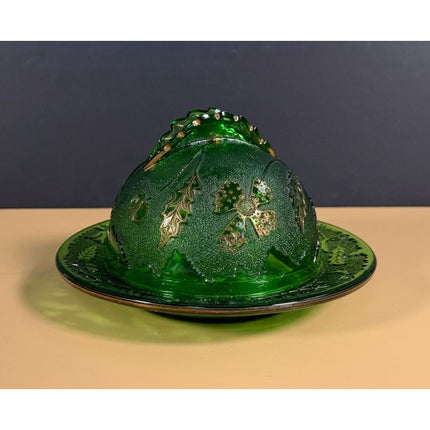US Glass Green Gold Covered Butter Dish Vintage Pressed Glass