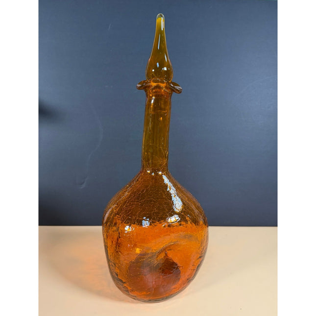 Vintage Orange Crackle Art Glass Decanter Stoppered Bottle