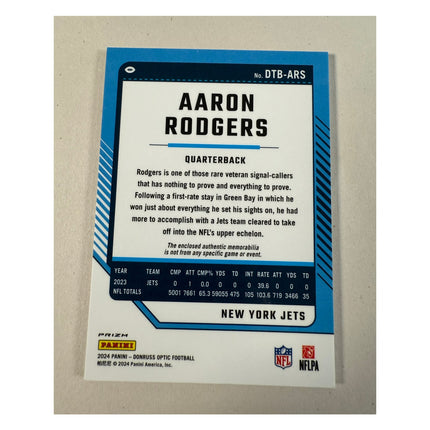 2024 Donruss Optic Aaron Rodgers #DTB-ARS Blue Hyper Prizm Patch New York Jets