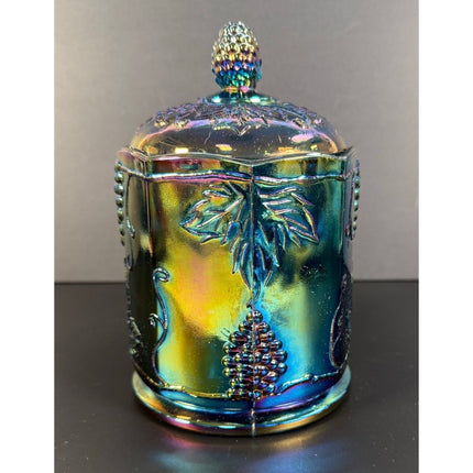 Indiana Carnival Glass Canister Candy Jar w Lid Iridescent Blue Grape