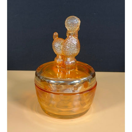 Jeanette Marigold Carnival Glass Poodle Dog Powder Trinket Dish 6" Vintage