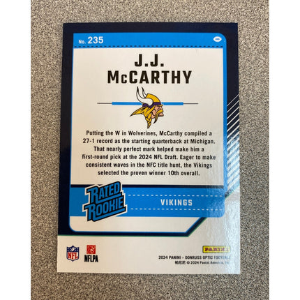 2024 Optic Football J.J. McCarthy RC 235 Vikings Rated Rookie