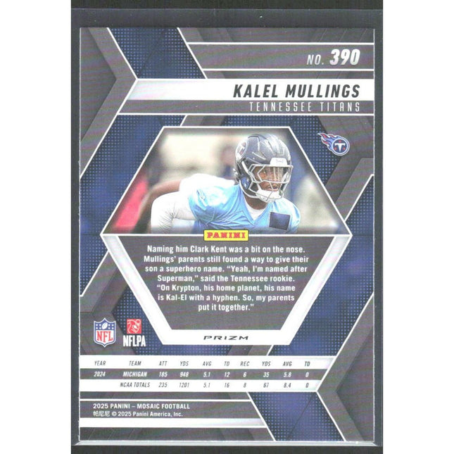 Kalel Mullings 2025 Panini Mosaic Reactive Purple #390 RC Tennessee
