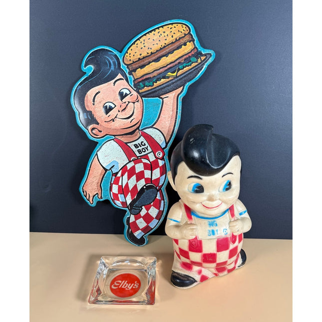 Elby’s Big Boy Coin Bank 9" Doll, Ashtray & Modern Tin Sign Lot 3 Collectibles