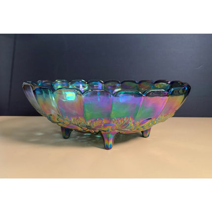 Indiana Glass Harvest Grape Carnival Glass Iridescent Footed Bowl 12" Vintage