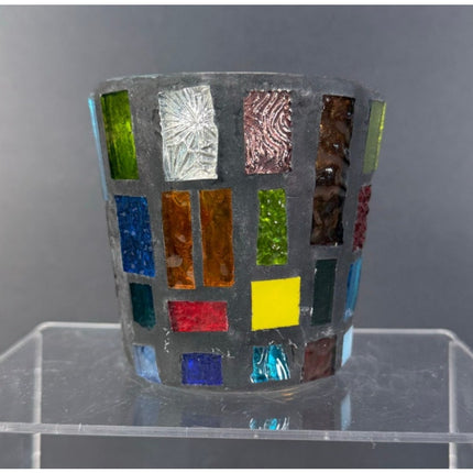 VTG MCM Stained Glass Mosaic Art Vase Candle Holder Geometric Color Block Design