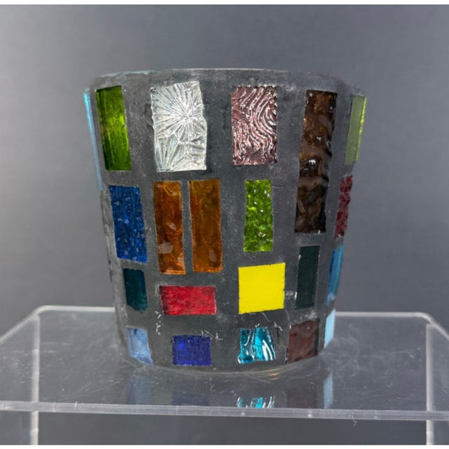 VTG MCM Stained Glass Mosaic Art Vase Candle Holder Geometric Color Block Design