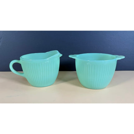 Fire King Jadeite Glass Sugar and Creamer Set Vintage Green Glass 2.5" Tall
