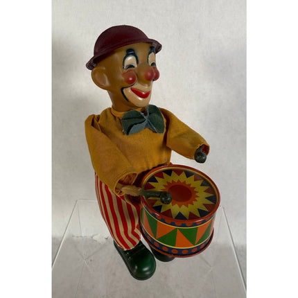 Vintage Windup Rare Litho Tin Toy Joker Cloth Outfit Playing Drum – Working