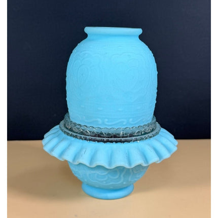 Fenton Blue Satin Persian Medallion 3-Piece Ribbed Fairy Lamp Candle Holder 6.5"