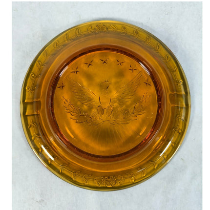 VTG L.E. Smith Amberina Glass Ashtray Plate American Eagle Stars Yellow Gold 9"